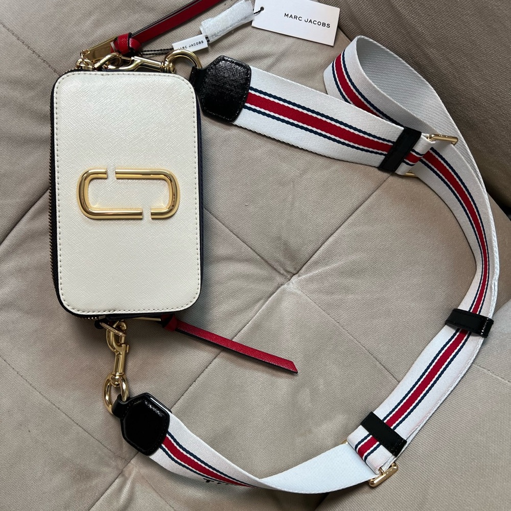 Marc Jacobs White Crossbody Camera Bag with Striped Strap